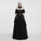 PUNK RAVE Women's Gothic Beaded Rose Square-cut Collar Puff Sleeve Maxi Dress Black