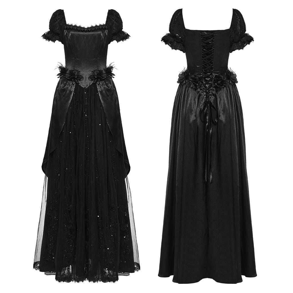 PUNK RAVE Women's Gothic Beaded Rose Square-cut Collar Puff Sleeve Maxi Dress Black