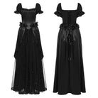 PUNK RAVE Women's Gothic Beaded Rose Square-cut Collar Puff Sleeve Maxi Dress Black