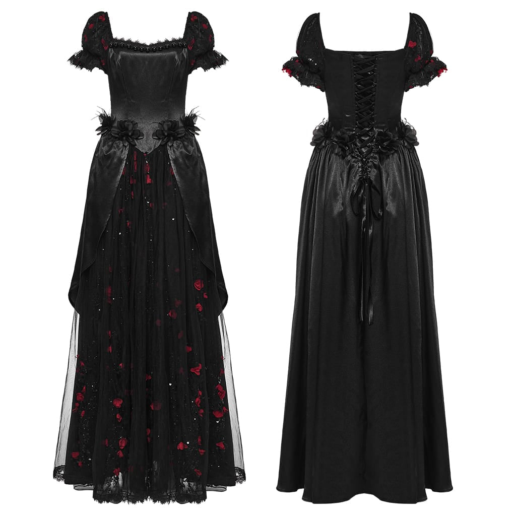 PUNK RAVE Women's Gothic Beaded Rose Square-cut Collar Puff Sleeve Maxi Dress Black-Red
