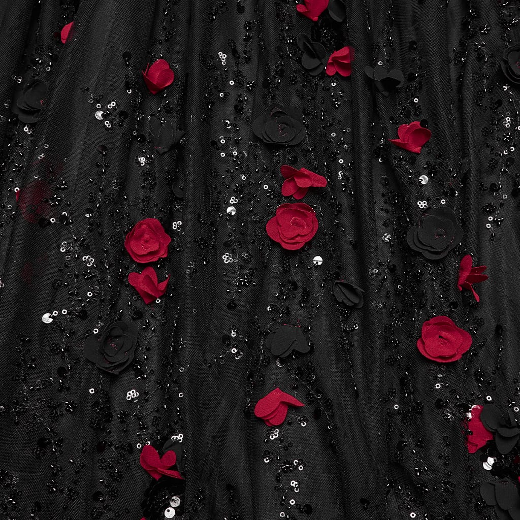 PUNK RAVE Women's Gothic Beaded Rose Square-cut Collar Puff Sleeve Maxi Dress Black-Red