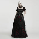 PUNK RAVE Women's Gothic Beaded Rose Square-cut Collar Puff Sleeve Maxi Dress Black-Red