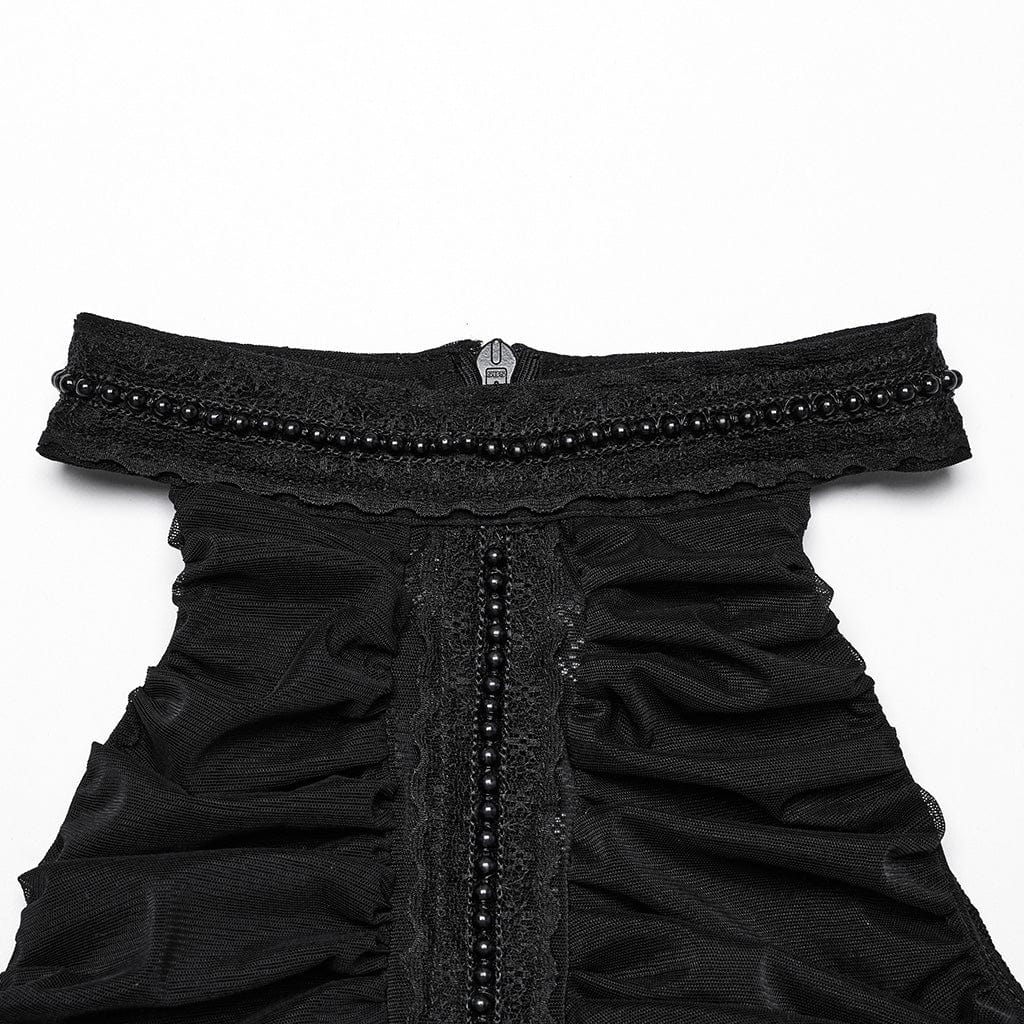 PUNK RAVE Women's Gothic Beaded Ruched Lace Halter Neck Top