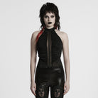 PUNK RAVE Women's Gothic Beaded Ruched Lace Halter Neck Top