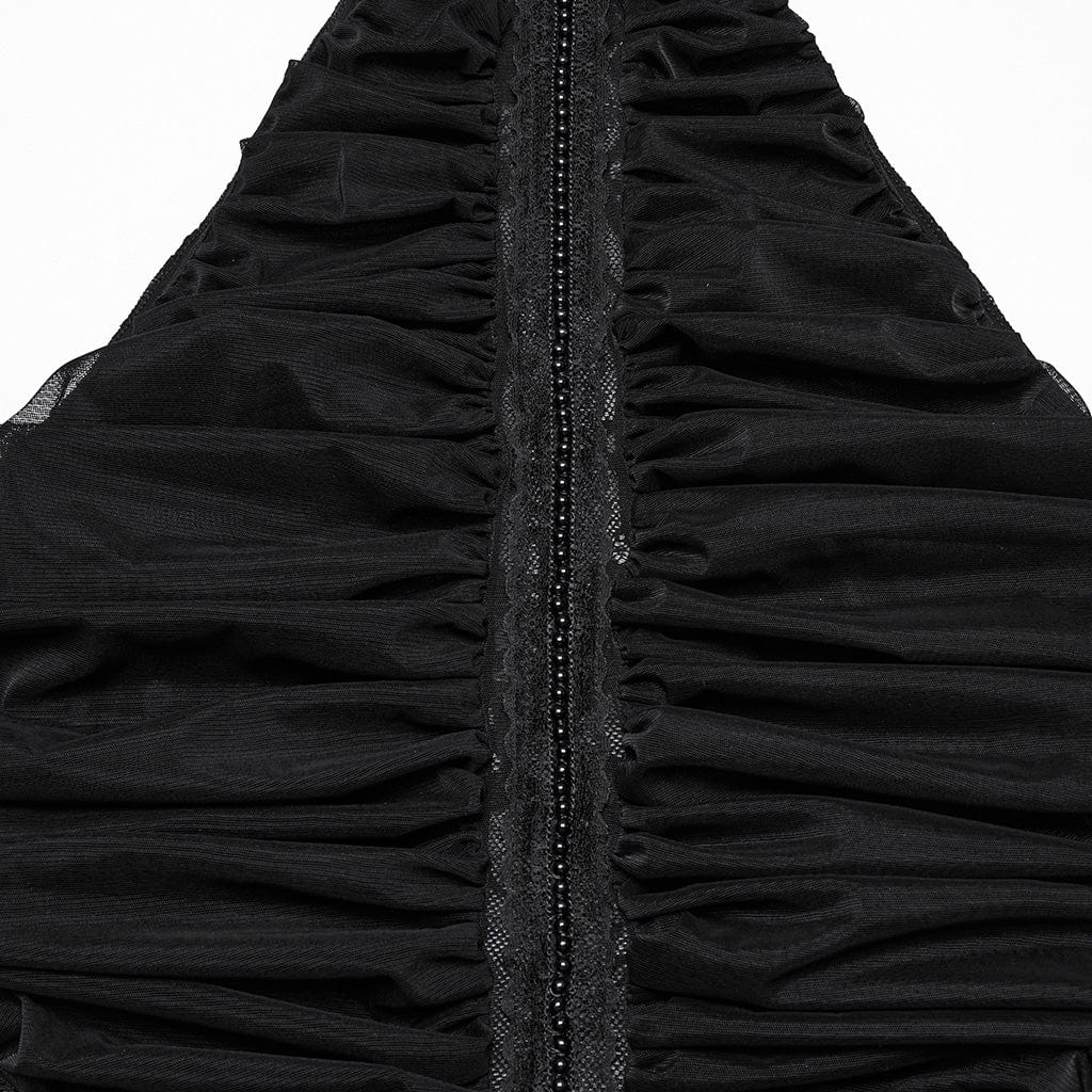 PUNK RAVE Women's Gothic Beaded Ruched Lace Halter Neck Top