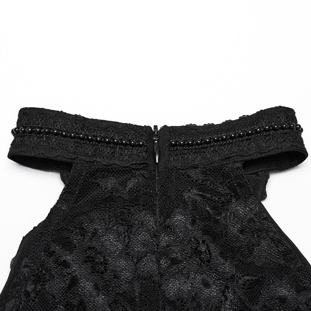 PUNK RAVE Women's Gothic Beaded Ruched Lace Halter Neck Top