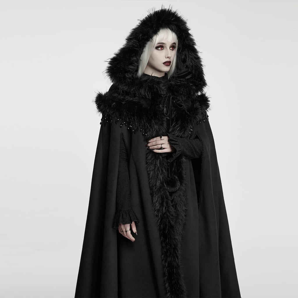 PUNK RAVE Women's Gothic Beaded Tassel Faux Fur Trim Hooded Cloak