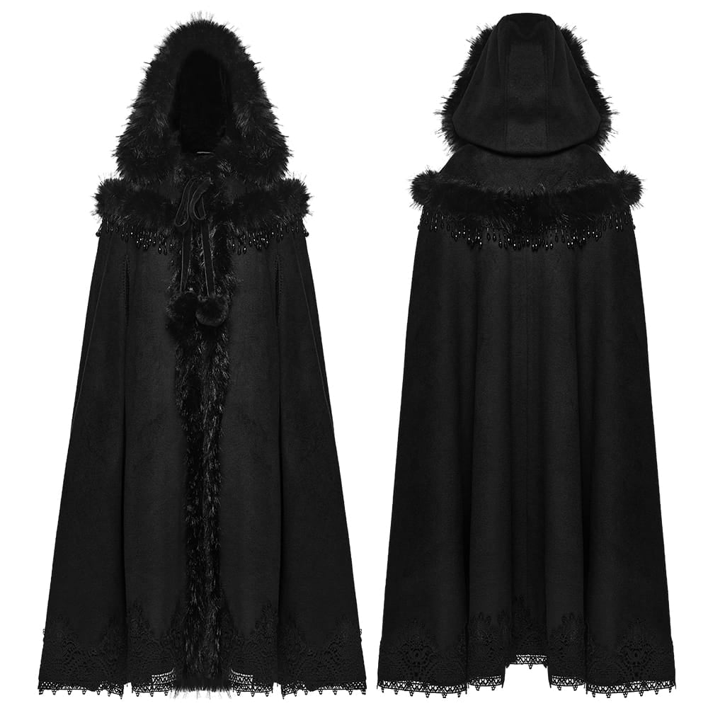 PUNK RAVE Women's Gothic Beaded Tassel Faux Fur Trim Hooded Cloak