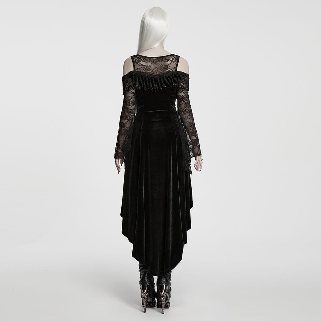 PUNK RAVE Women's Gothic Beaded Tassel Off Shoulder Irregular Hem Dress