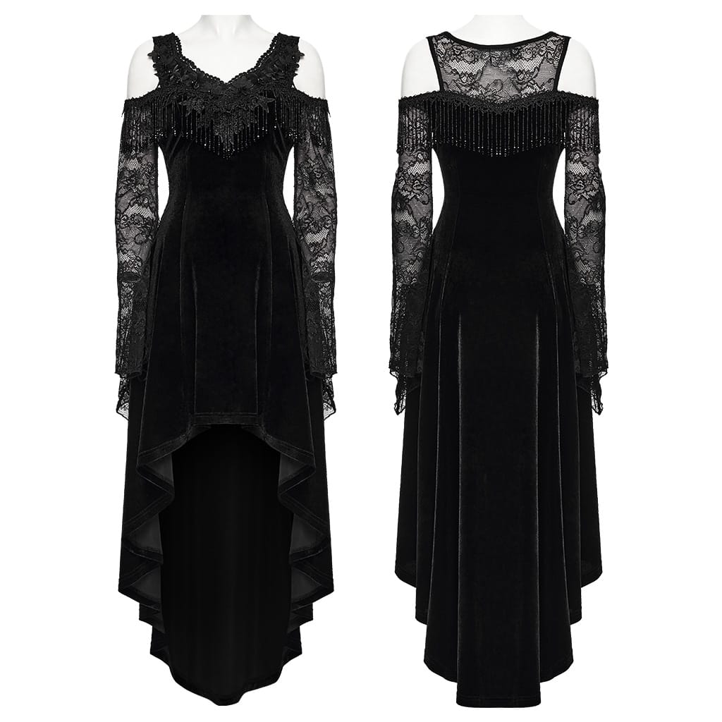 PUNK RAVE Women's Gothic Beaded Tassel Off Shoulder Irregular Hem Dress