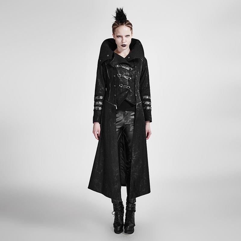 PUNK RAVE Women's Gothic Black Stretch Twill Fabric Chef Faux Leather Coat