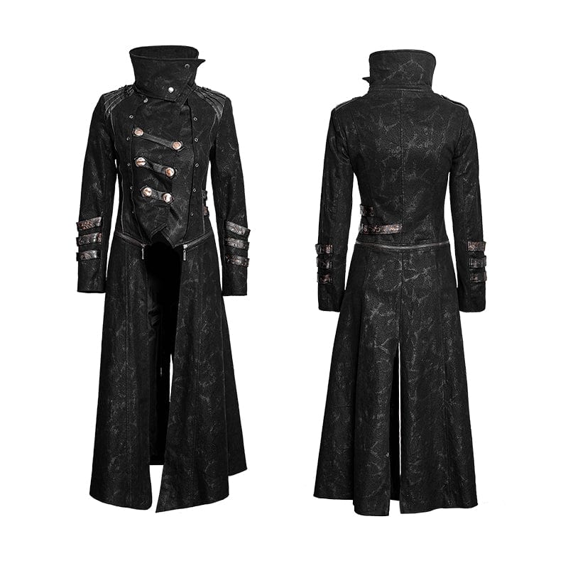 PUNK RAVE Women's Gothic Black Stretch Twill Fabric Chef Faux Leather Coat