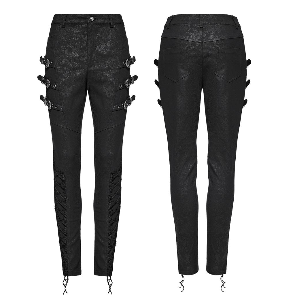 PUNK RAVE Women's Gothic Buckle Lace-up Pants