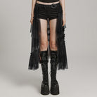 PUNK RAVE Women's Gothic Buckle Ruffled Mesh Long Over Skirt Black