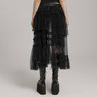 PUNK RAVE Women's Gothic Buckle Ruffled Mesh Long Over Skirt Black