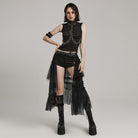 PUNK RAVE Women's Gothic Buckle Ruffled Mesh Long Over Skirt Black