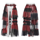 PUNK RAVE Women's Gothic Buckle Ruffled Mesh Long Over Skirt Black-Red