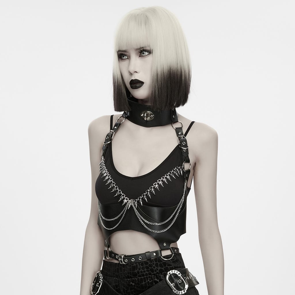 PUNK RAVE Women's Gothic Buckle Strap Chain Halter Body Harness