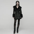 PUNK RAVE Women's Gothic Buckle Strap Turn-down Plush Collar Coat