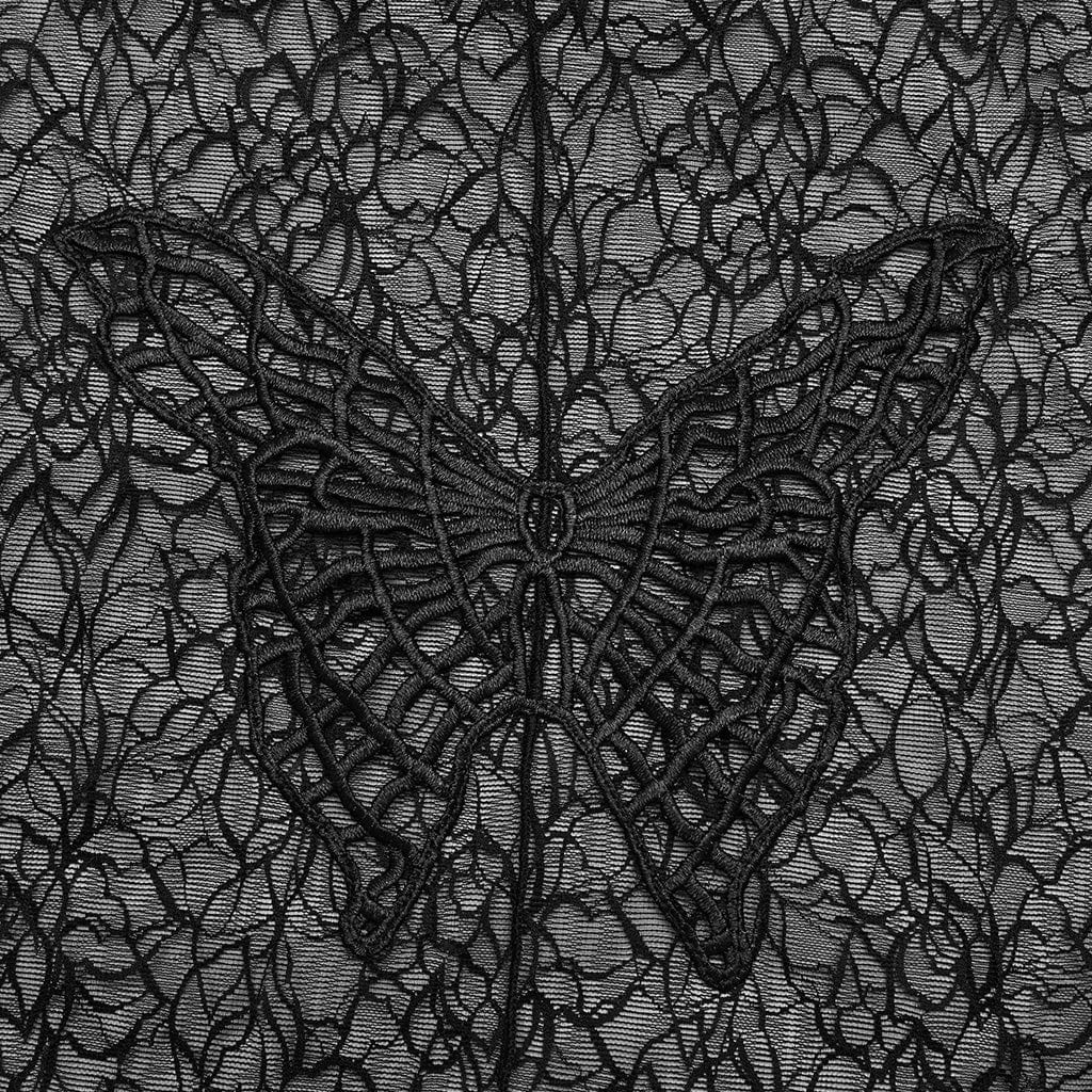 PUNK RAVE Women's Gothic Butterfly Embroidered Floral Mesh Top