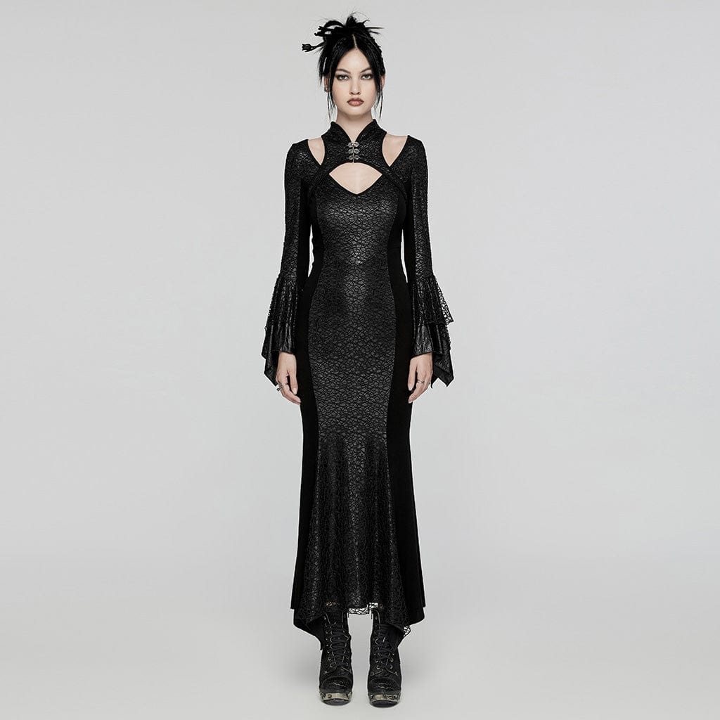 PUNK RAVE Women's Gothic Cheongsam Collar Fishtailed Gown Dress Black