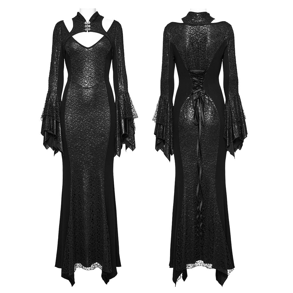 PUNK RAVE Women's Gothic Cheongsam Collar Fishtailed Gown Dress Black