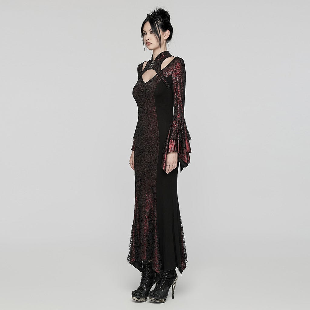 PUNK RAVE Women's Gothic Cheongsam Collar Fishtailed Gown Dress Red