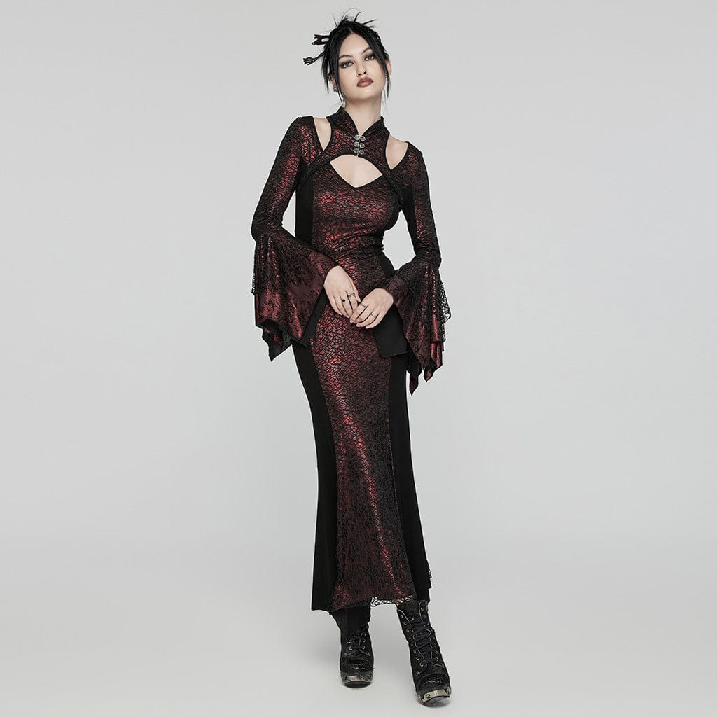 PUNK RAVE Women's Gothic Cheongsam Collar Fishtailed Gown Dress Red