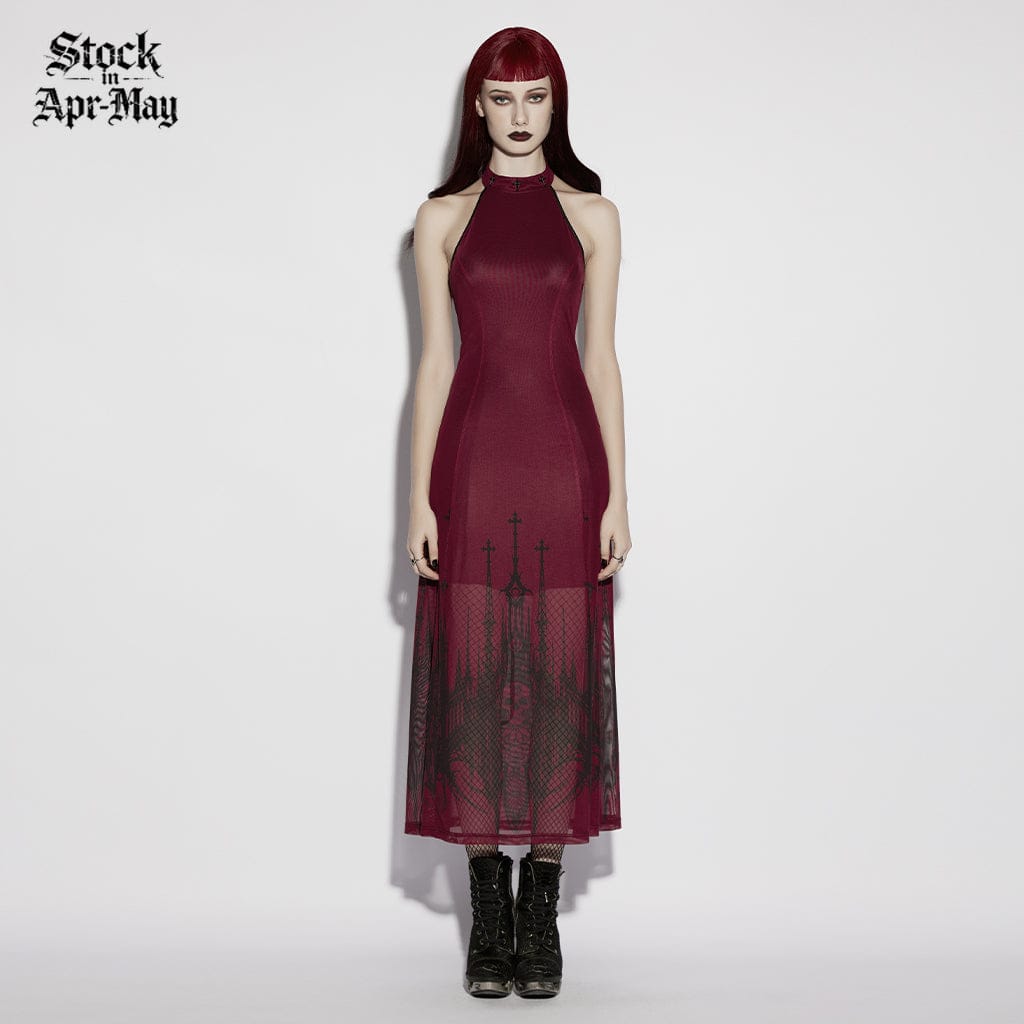 PUNK RAVE Women's Gothic Church Skull Printed Cross Halterneck Dress