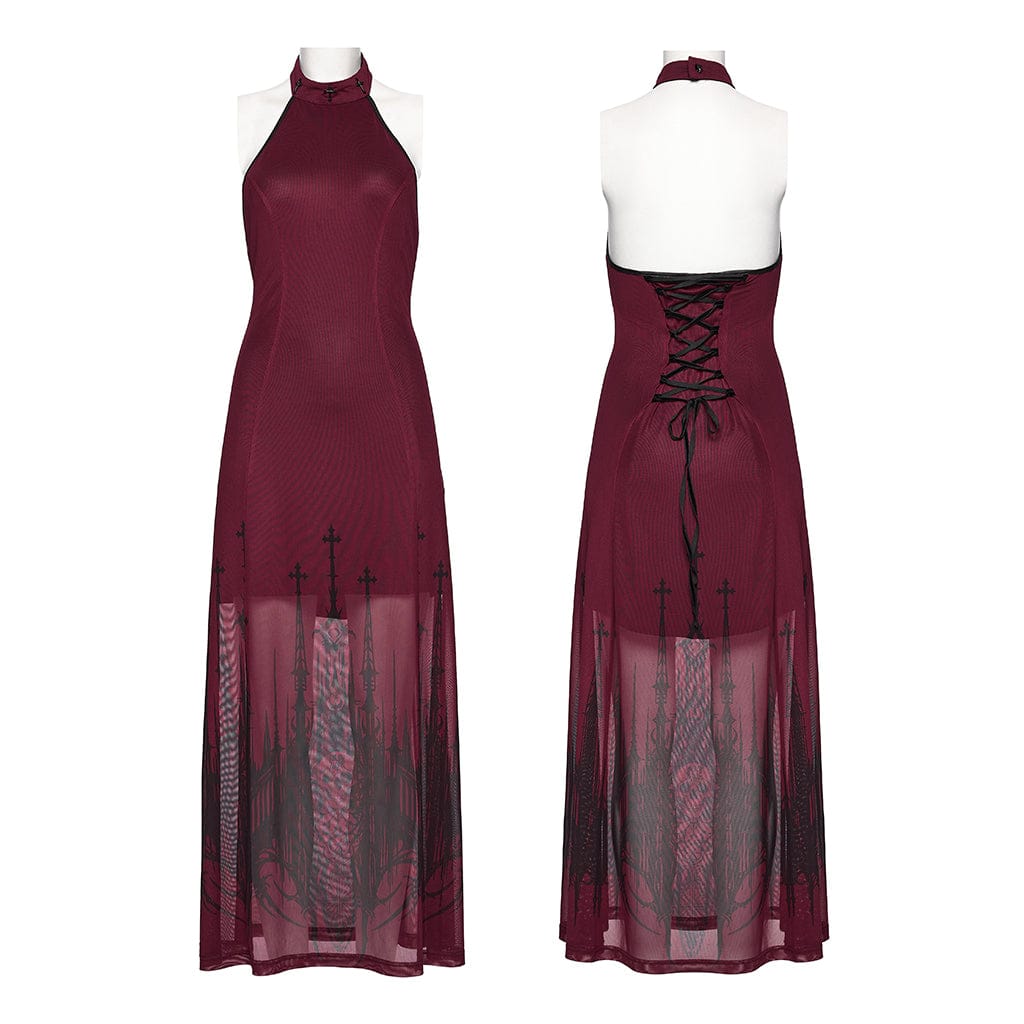 PUNK RAVE Women's Gothic Church Skull Printed Cross Halterneck Dress