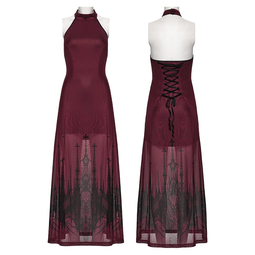 PUNK RAVE Women's Gothic Church Skull Printed Cross Halterneck Dress Graduation Dress
