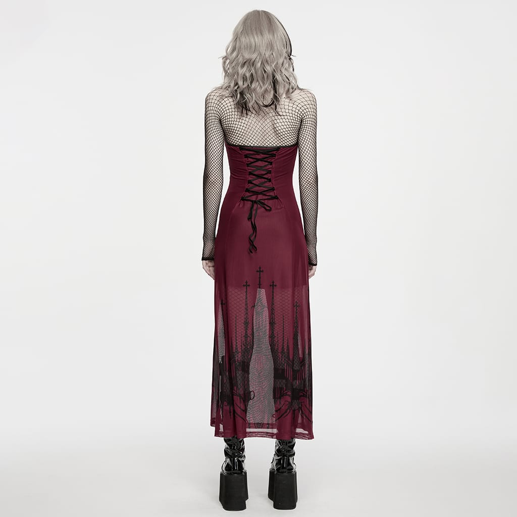 PUNK RAVE Women's Gothic Church Skull Printed Cross Halterneck Dress Graduation Dress