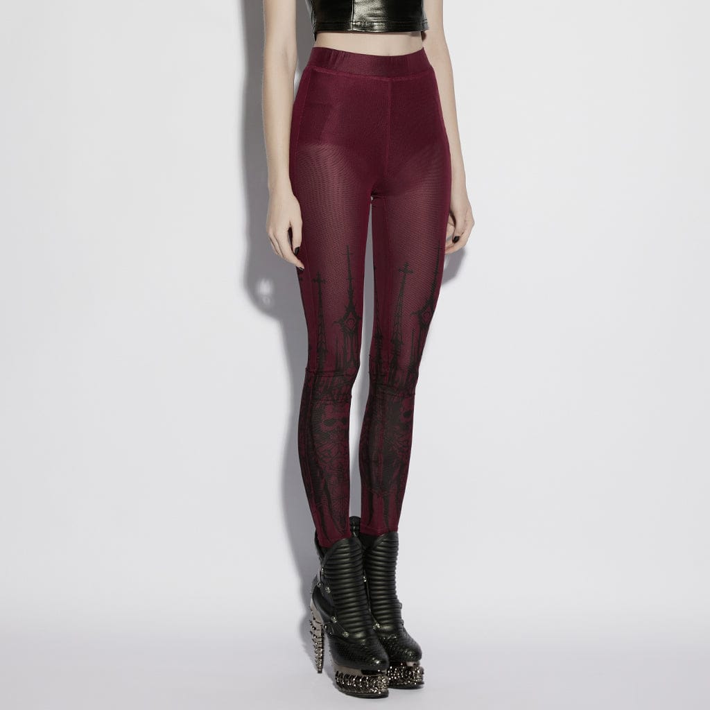 PUNK RAVE Women's Gothic Church Skull Printed Leggings