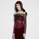 PUNK RAVE Women's Gothic Church Skull Printed Off Shoulder Mesh Top