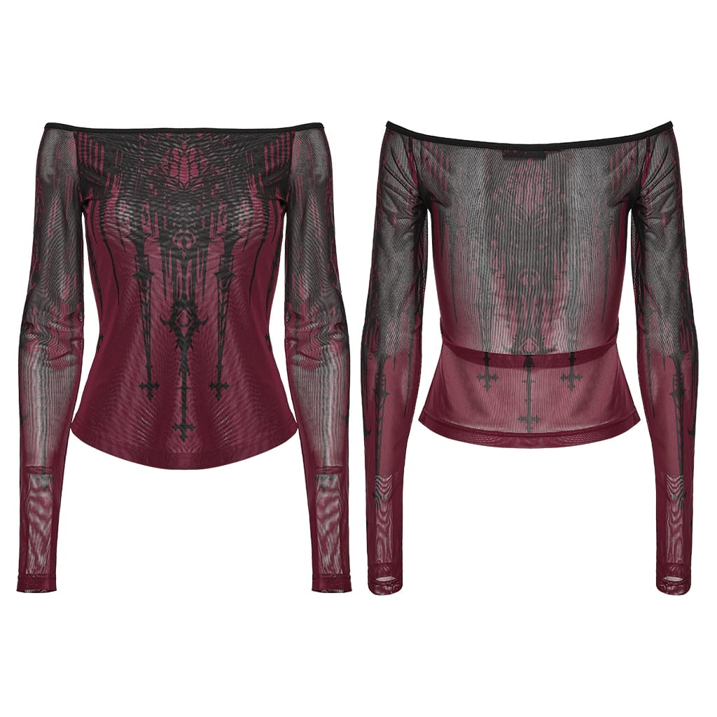PUNK RAVE Women's Gothic Church Skull Printed Off Shoulder Mesh Top