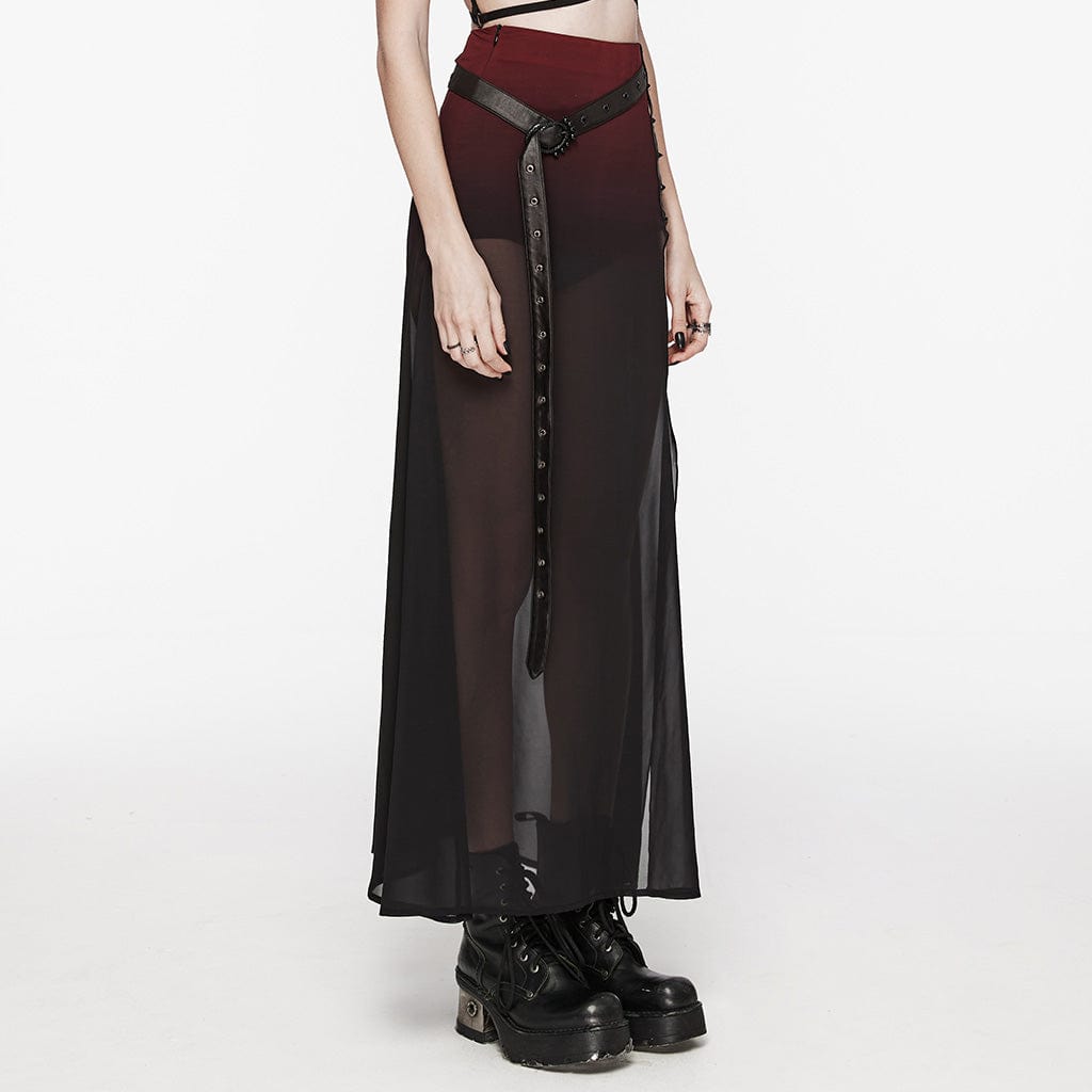 PUNK RAVE Women's Gothic Color Gradient Split Chiffon Skirt with Belt