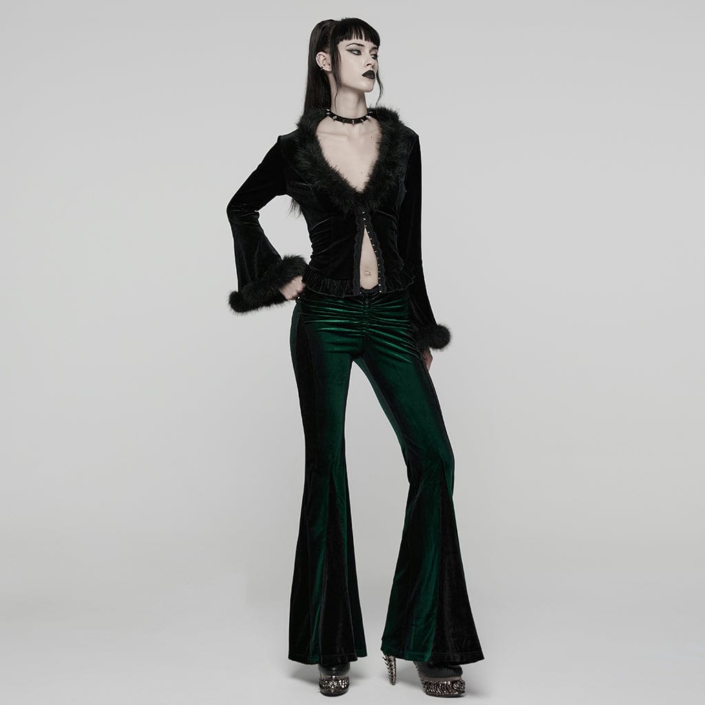 PUNK RAVE Women's Gothic Contrast Color Drawstring Velvet Flared Pants Green