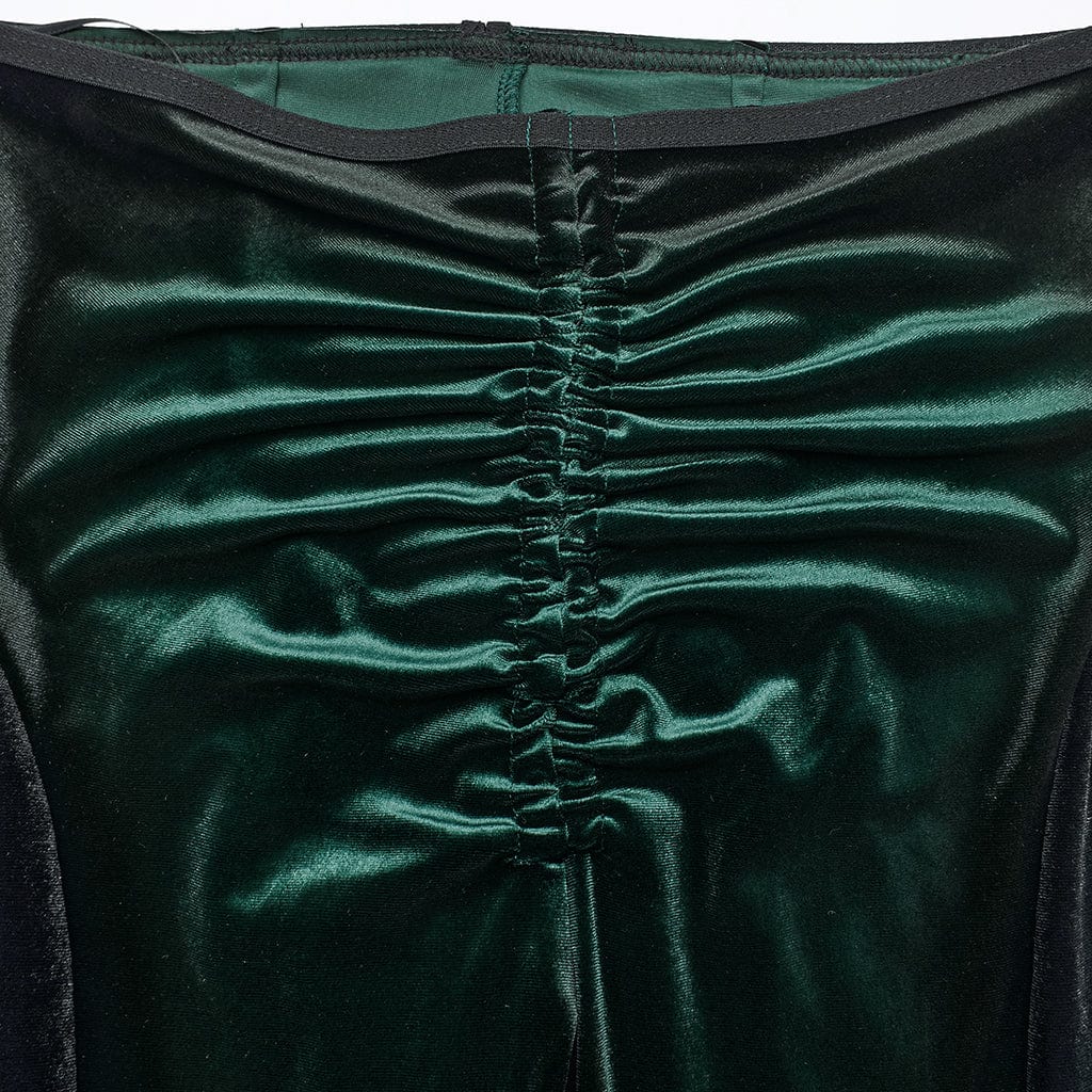 PUNK RAVE Women's Gothic Contrast Color Drawstring Velvet Flared Pants Green