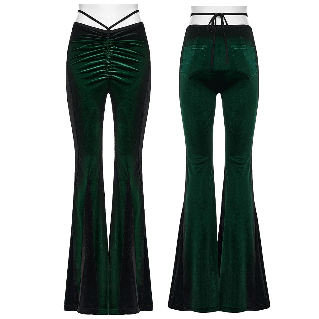 PUNK RAVE Women's Gothic Contrast Color Drawstring Velvet Flared Pants Green