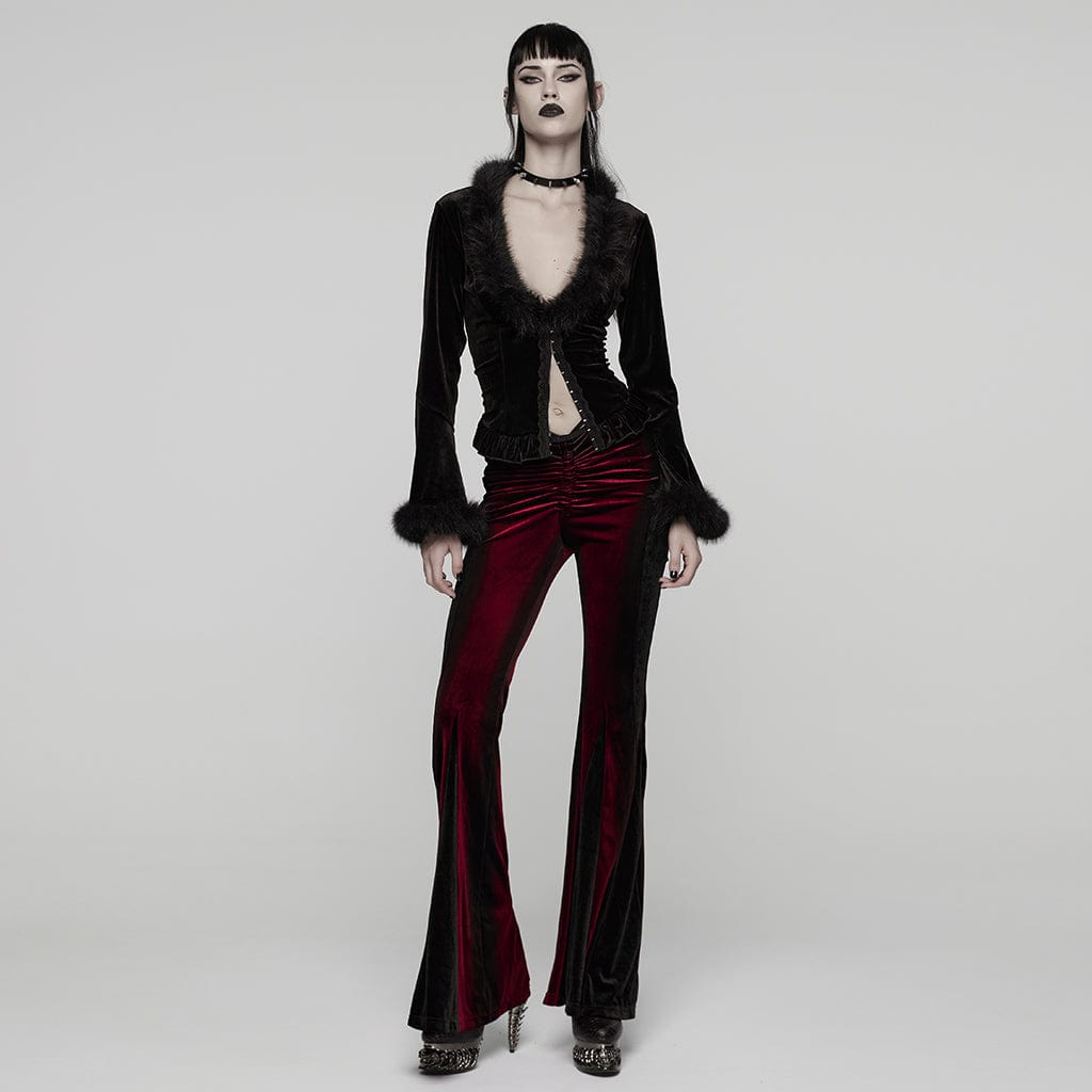 PUNK RAVE Women's Gothic Contrast Color Drawstring Velvet Flared Pants Red