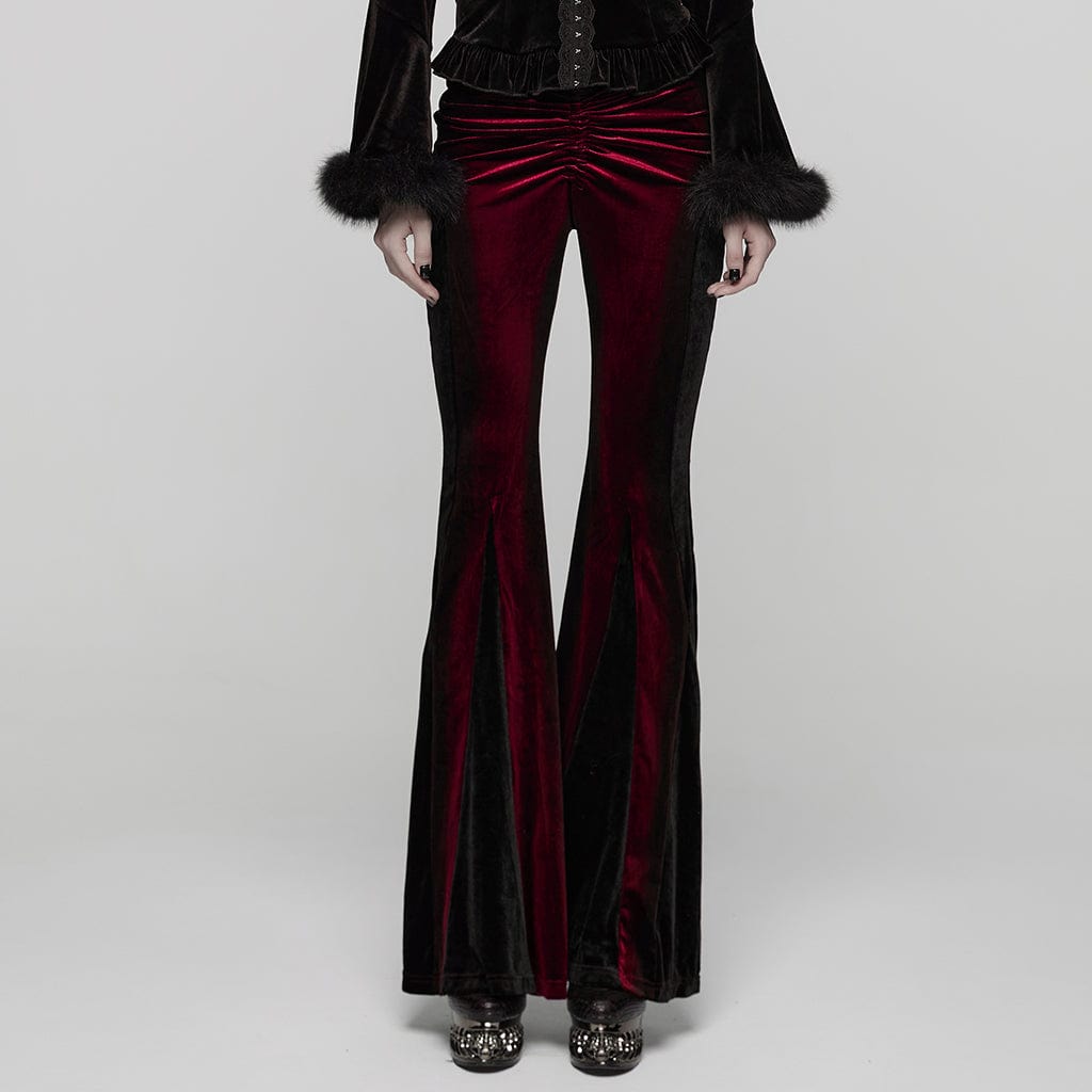 PUNK RAVE Women's Gothic Contrast Color Drawstring Velvet Flared Pants Red