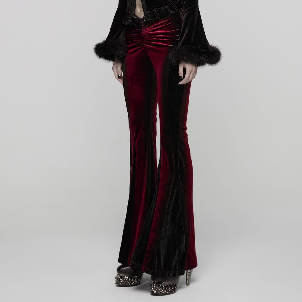 PUNK RAVE Women's Gothic Contrast Color Drawstring Velvet Flared Pants Red