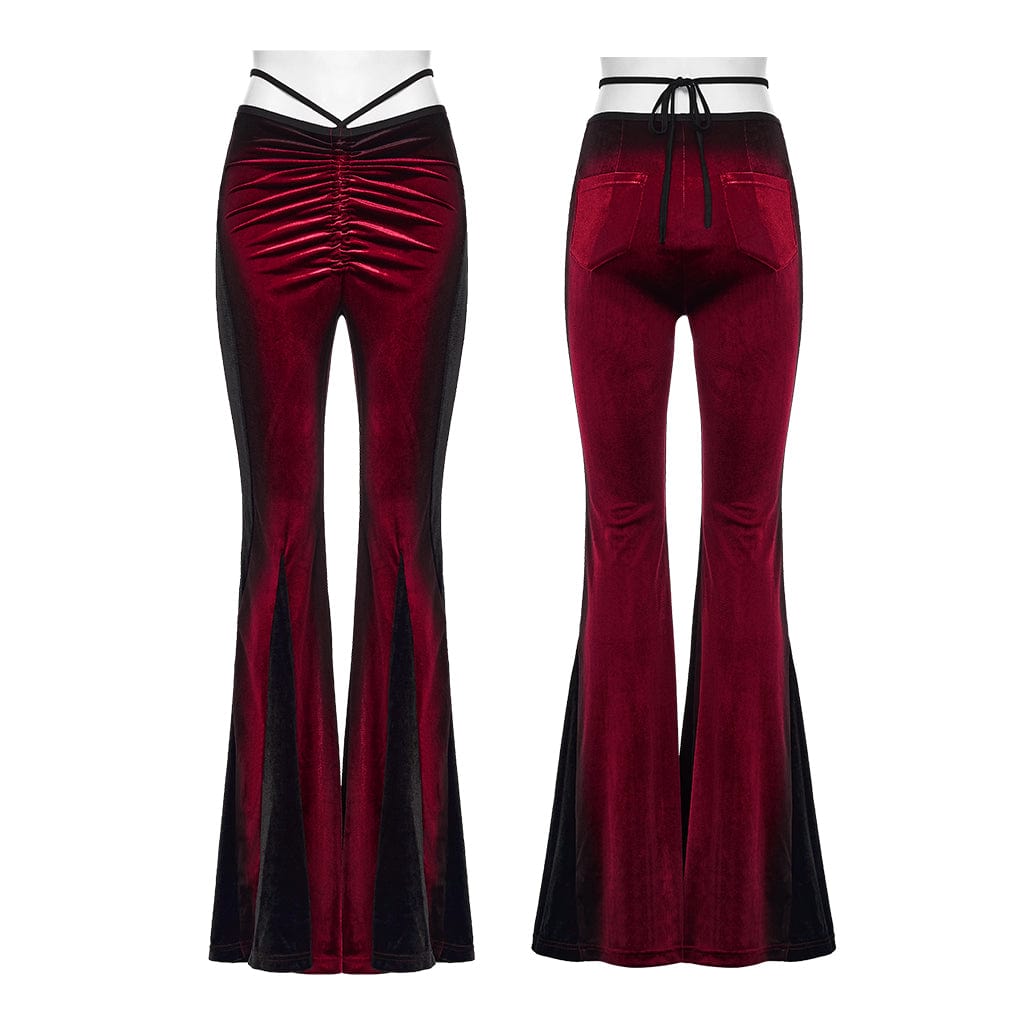 PUNK RAVE Women's Gothic Contrast Color Drawstring Velvet Flared Pants Red