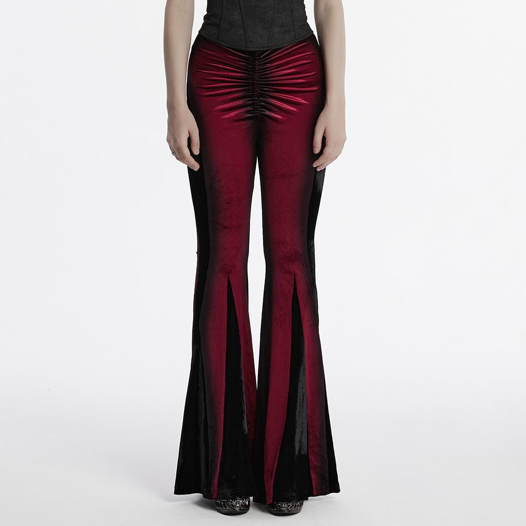 PUNK RAVE Women's Gothic Contrast Color Drawstring Velvet Flared Pants Red