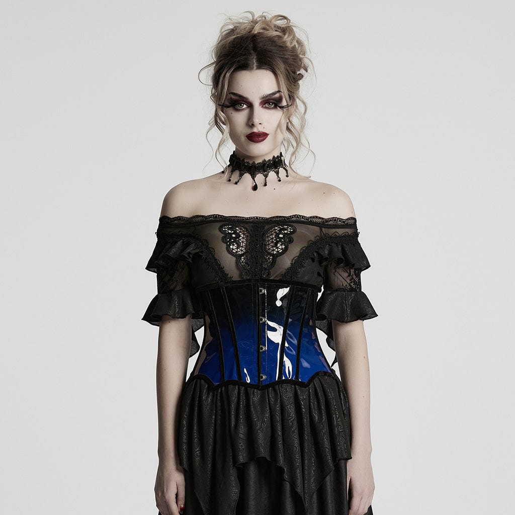 PUNK RAVE Women's Gothic Contrast Color Patent Leather Underbust Corset Blue