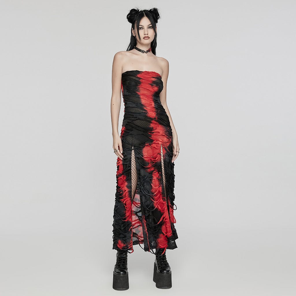 PUNK RAVE Women's Gothic Contrast Color Ripped Split Party Dress