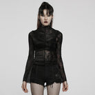 PUNK RAVE Women's Gothic Contrast Color Sheer Floral Lace Shirt