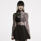 PUNK RAVE Women's Gothic Contrast Color Sheer Floral Lace Shirt