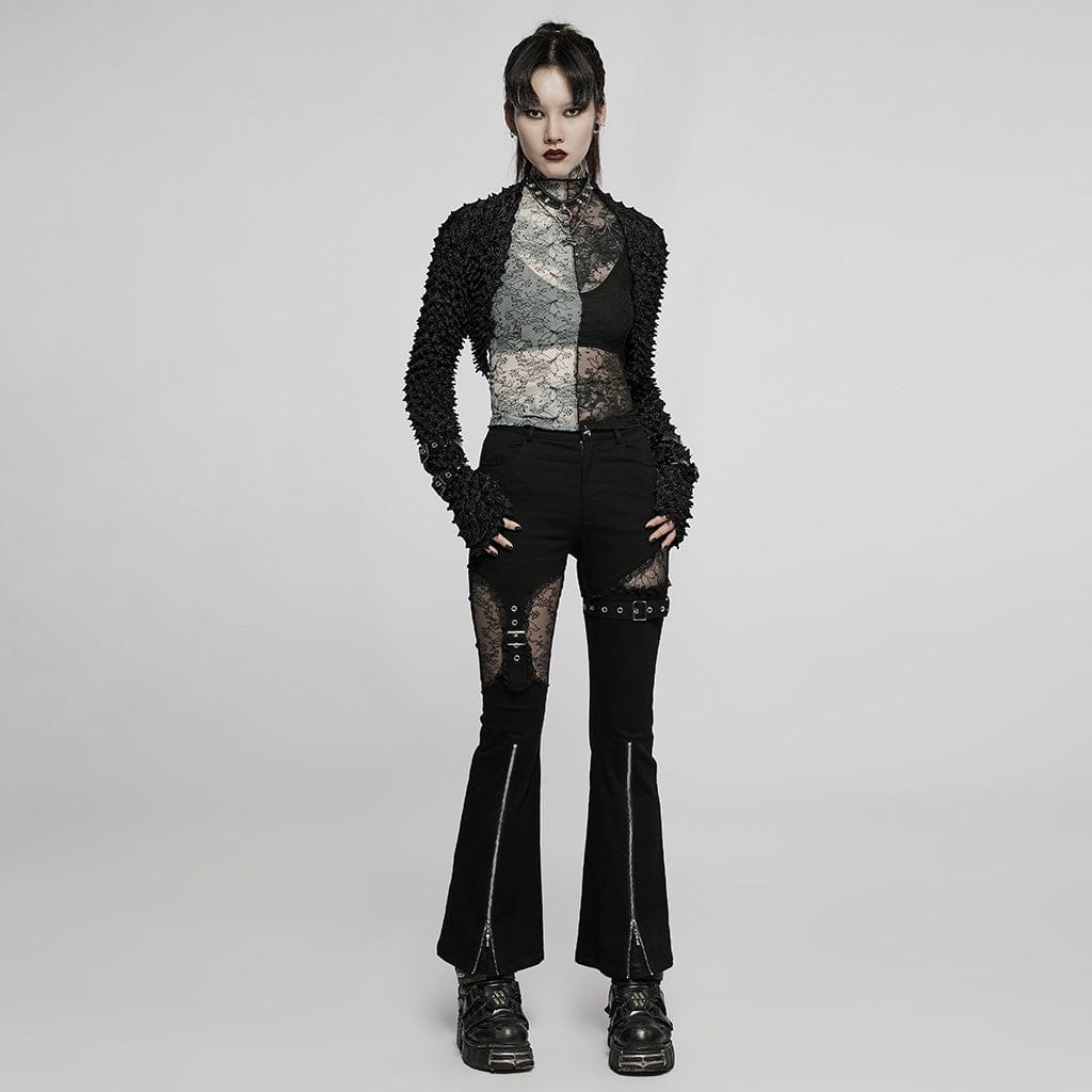 PUNK RAVE Women's Gothic Contrast Color Sheer Floral Lace Shirt