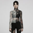 PUNK RAVE Women's Gothic Contrast Color Sheer Floral Lace Shirt